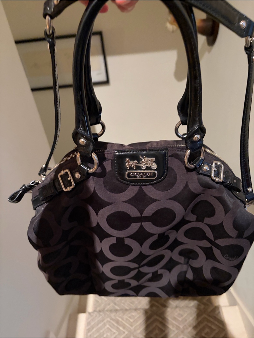 Coach Black and Charcoal Signature Satchel with Leather Trim.